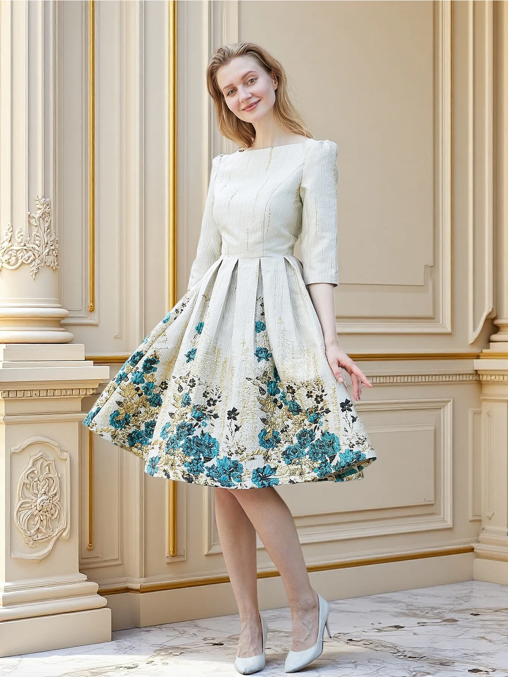 Luxury Embroidered Jacquard Dress with Fitted Waist and Flared Midi Hem Dates or Tea Parties