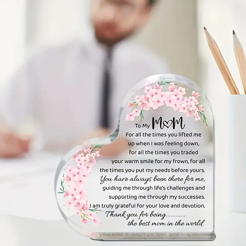 Heart-Shaped Acrylic Mom Appreciation Plaque With Floral Design Elegant Script Text Sentimental Thank You Gift For Mother