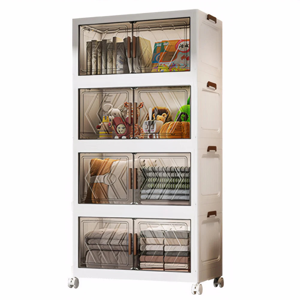 4 Tier Folding Storage Boxes with Doors & Wheels Plastic Storage Containers Foldable Organization
