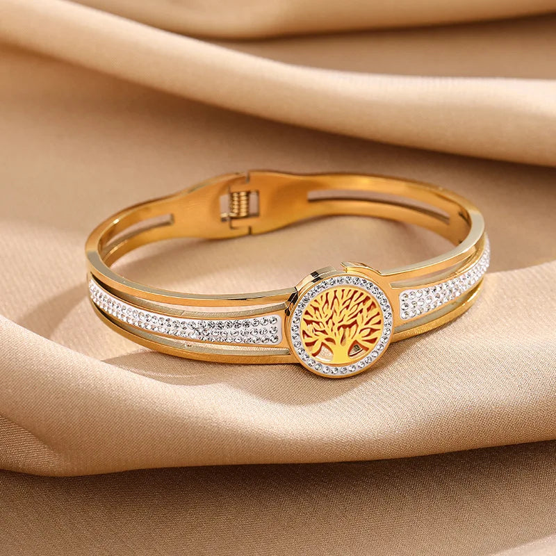 Hollow Tree Bracelet Full CZ Round  Stainless Steel Color-preserving Jewelry