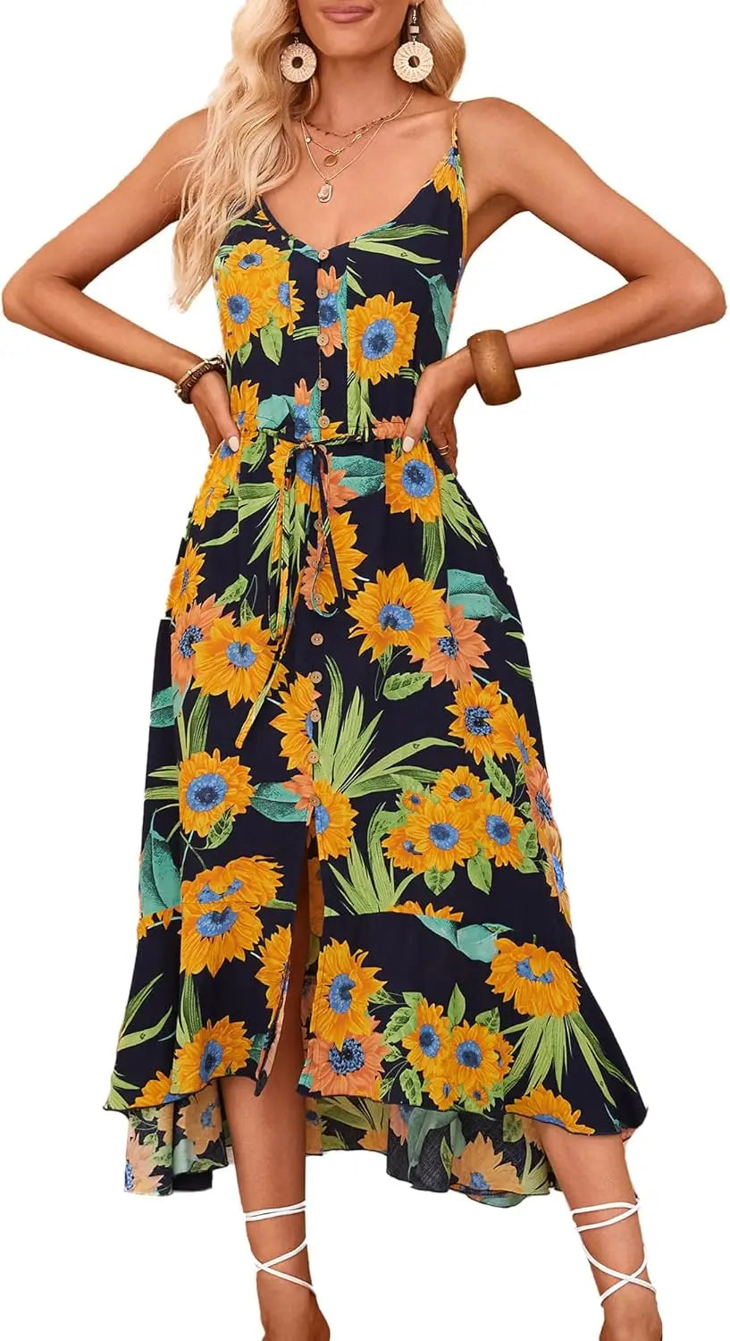 Boho SundrPolka Dot Spaghetti Strap V Neck Flowy Midi Dresses
