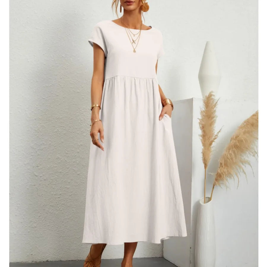 solid color sleeveless loose linen pocket women's dress in stock