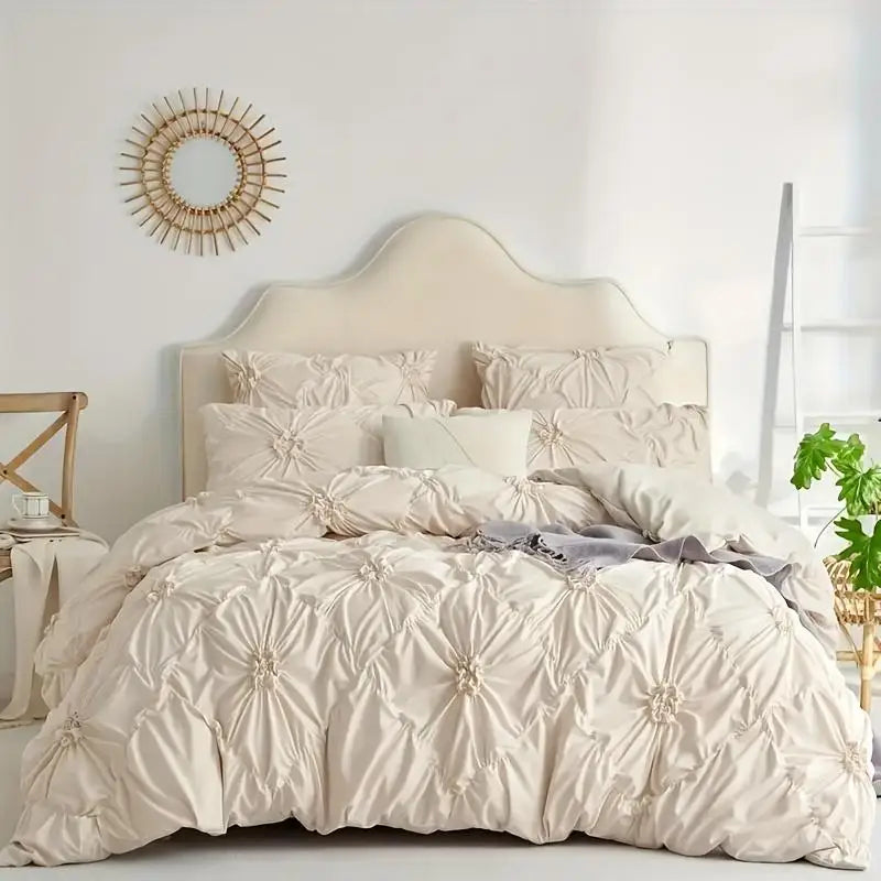 3pcs Bohemian Rhomboid Plaid Stereoscopic Flower Plain Colour Quilt Cover Set(1 Duvet Cover +2 Pillowcase