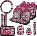 15 PCS Pink Leopard Print Car Seat Cover Set with Steering Wheel, Console, and Accessories for SUV