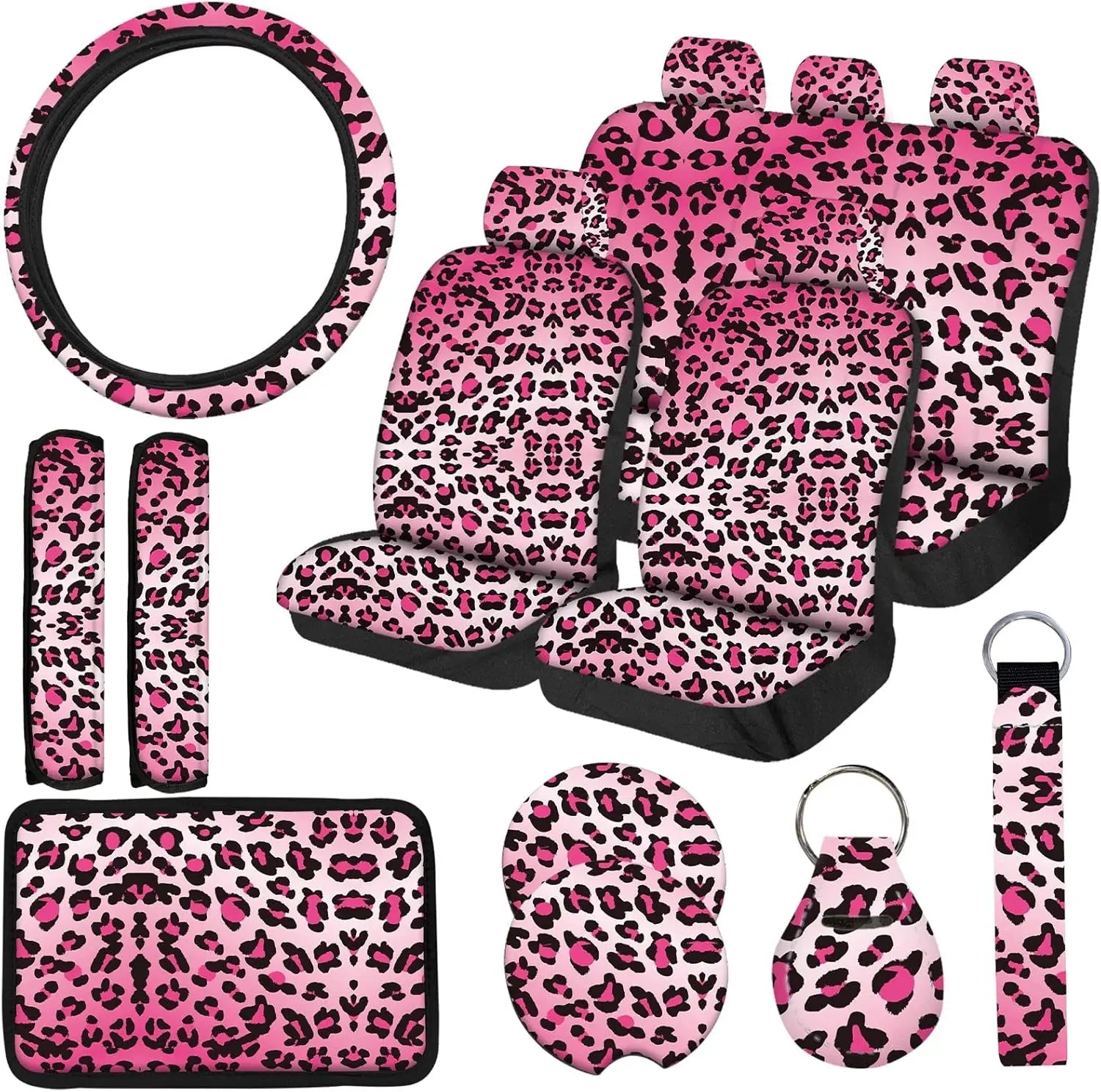 15 PCS Pink Leopard Print Car Seat Cover Set with Steering Wheel, Console, and Accessories for SUV