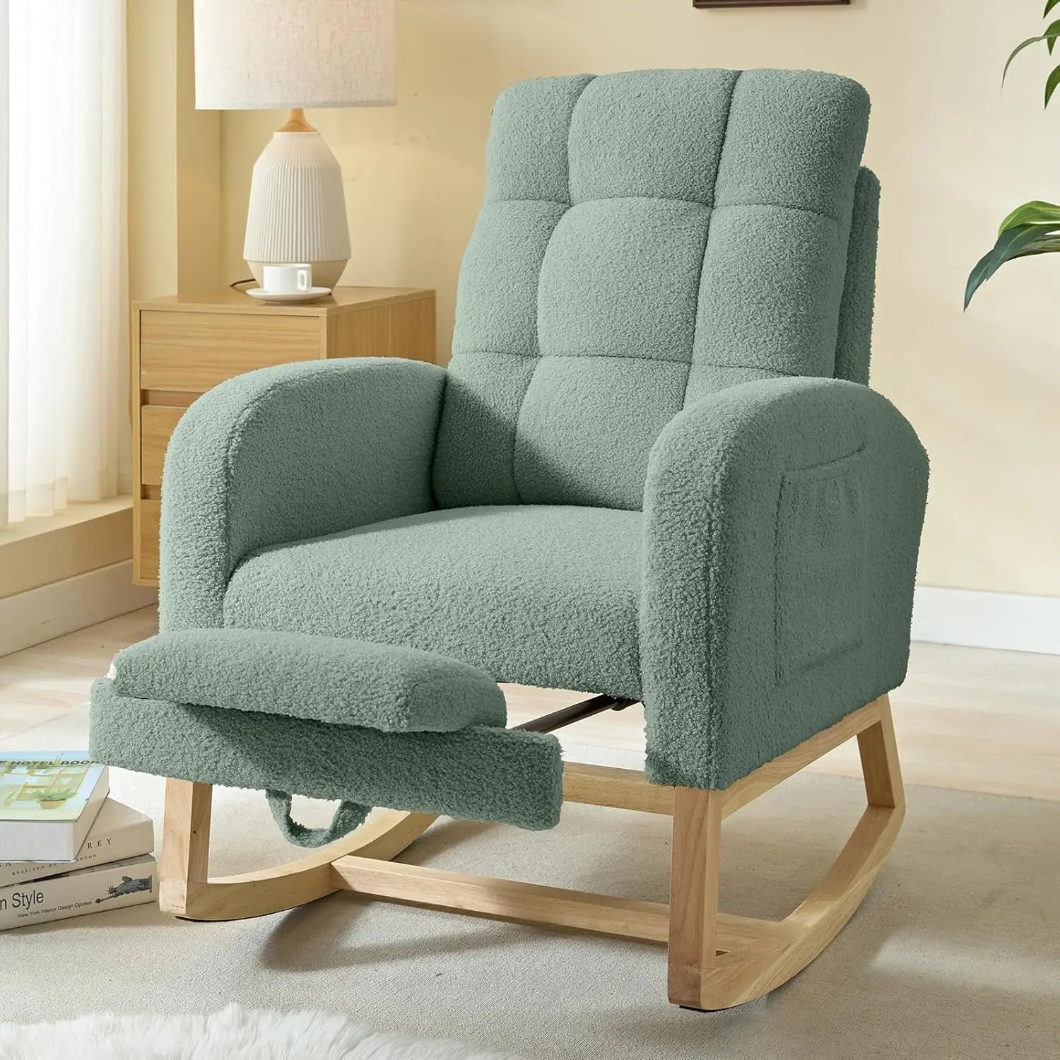 Modern Nursery Rocking Chair, Teddy Upholstered Rocking Chair with Footrest, Comfortable Rocker Recliner