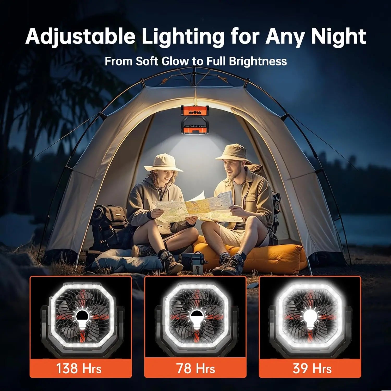 20000mAh Rechargeable Fan: 360° Head, 4 Speeds, LED, Quiet for Outdoor/Home.