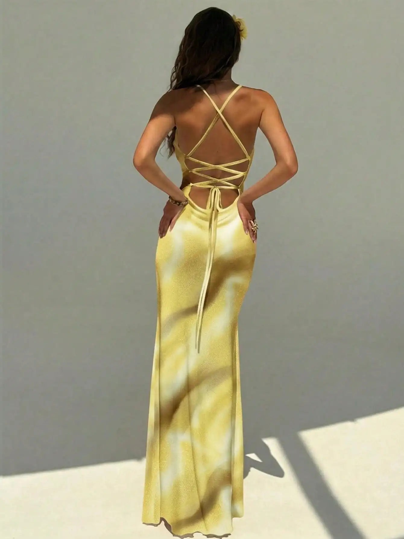 Womens Backless Strappy Maxi Dress With Floral Ombre Tie-Dye Print For Summer Beach Festival