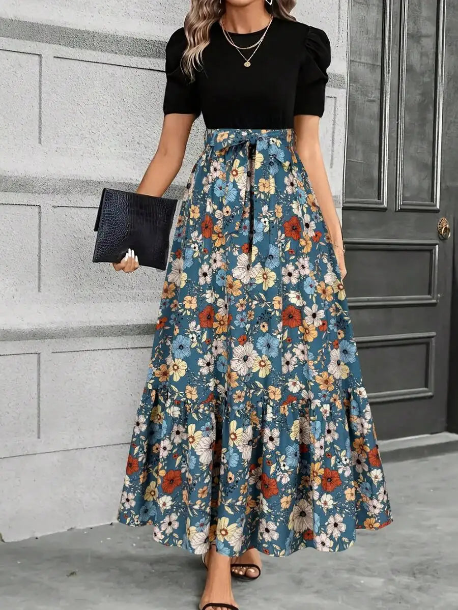 Elegant A-Line Dress with Puff Sleeves, Bow Waist, Leaf Print, Round Neck, Lightweight for Spring Summer