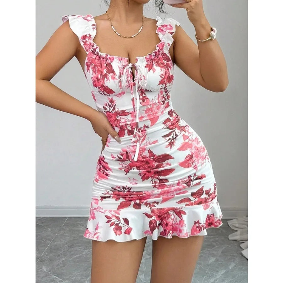 French summer - flower printing and dyeing dress retro waist slim short skirt