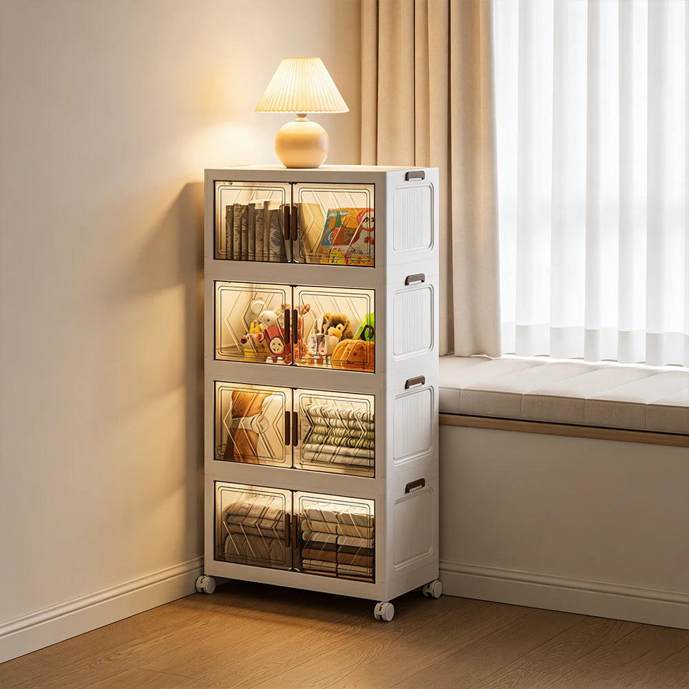 4 Tier Folding Storage Boxes with Doors & Wheels Plastic Storage Containers Foldable Organization