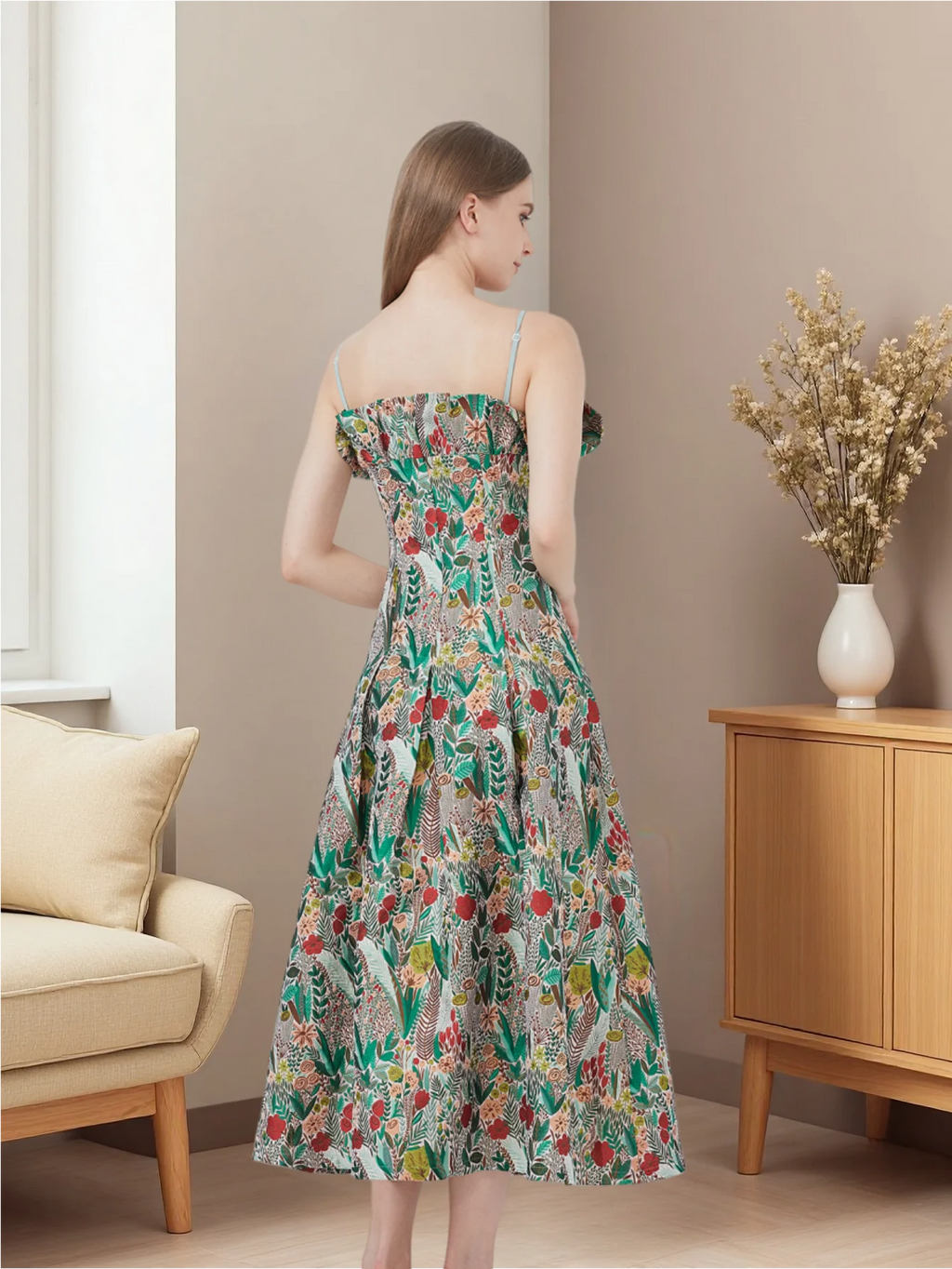 French Retro One-Shoulder Strapless Dress Floral Meadow Jacquard Waist-Defined Flared Long Dress Light