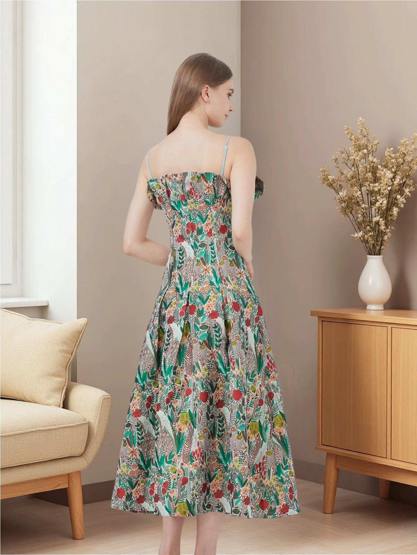 French Retro One-Shoulder Strapless Dress Floral Meadow Jacquard Waist-Defined Flared Long Dress Light