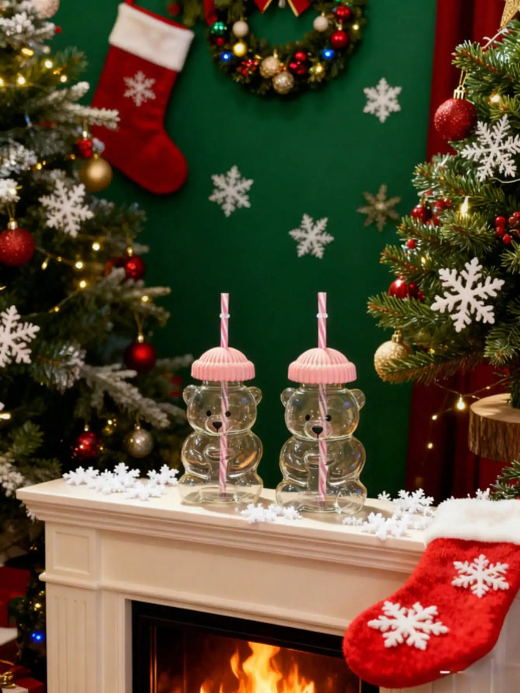 Mini Bear-Shaped Glass Cup With Pink Hat Lid & Straw