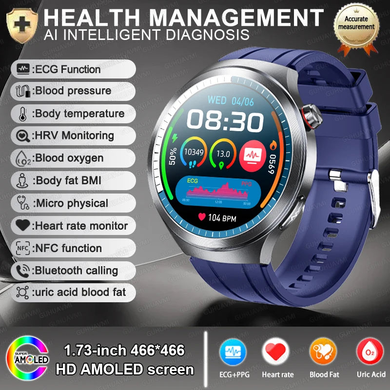 New For Health ECG+PPG Smart Watch Lipids Uric acid Blood Pressure Health 100+Sport HD Bluetooth
