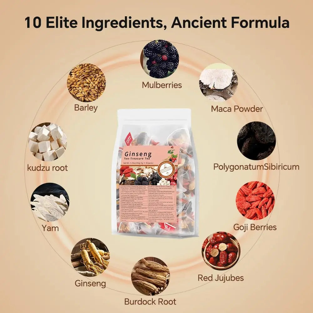 Ginseng Five Treasure Tea Natural Energy Boost Immune Support Herbal Wellness Traditional Organic Blend Tea Daily Vitality