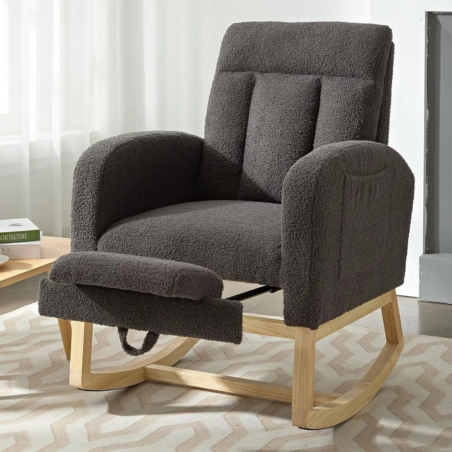 Modern Nursery Rocking Chair, Teddy Upholstered Rocking Chair with Footrest, Comfortable Rocker Recliner