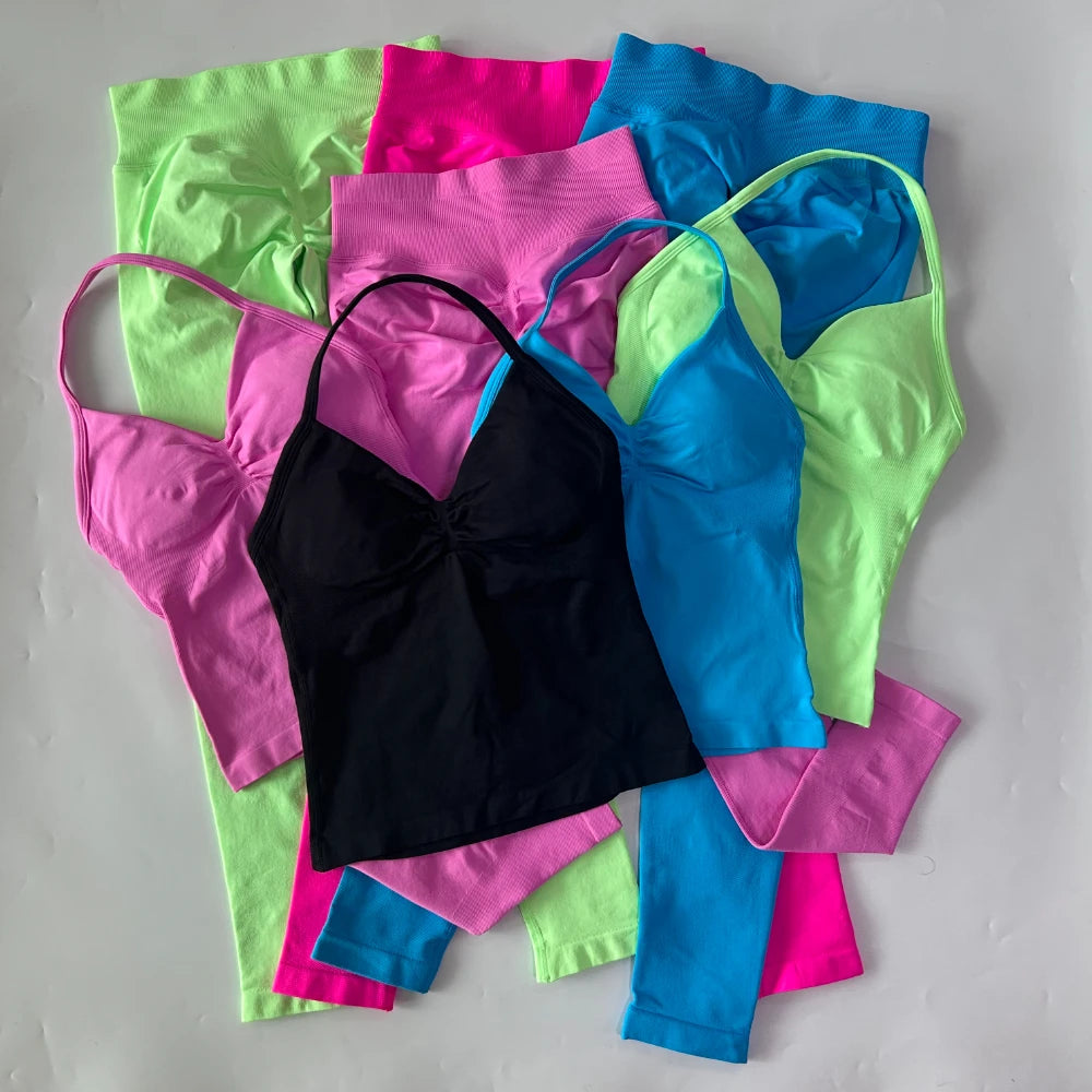 No Logo Seamless Gym Set Women Tank Tops High Waist Yoga Leggings Fitness Clothes Workout Sets Gym Suit Activewear