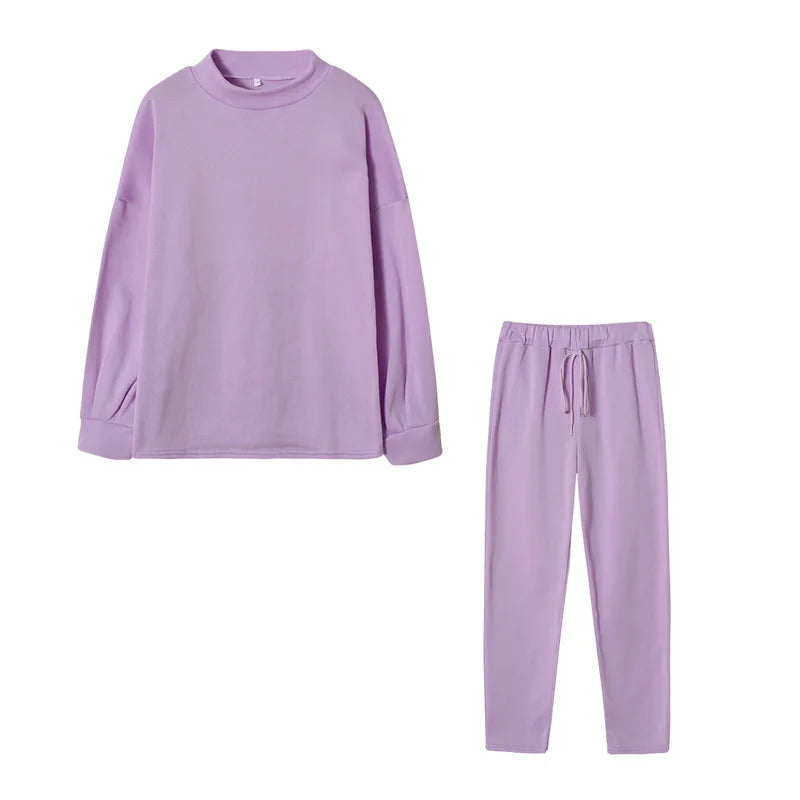 2Pcs Set Women Tracksuit Long Sleeve Pullover Warm Top Hoodie+Jogger Pants Solid Outfit Sport Suit Sets