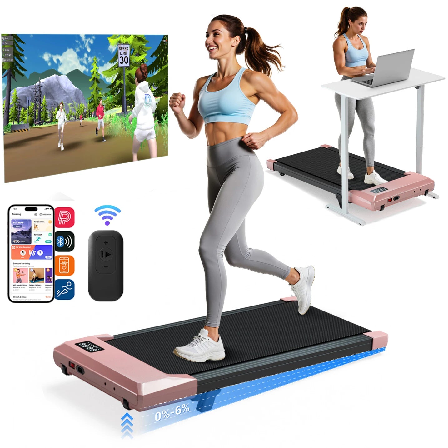 Foldable 6% Slope Under Desk Treadmills 2.5 HP Quiet Portable Remote Control LED Display 300LBS