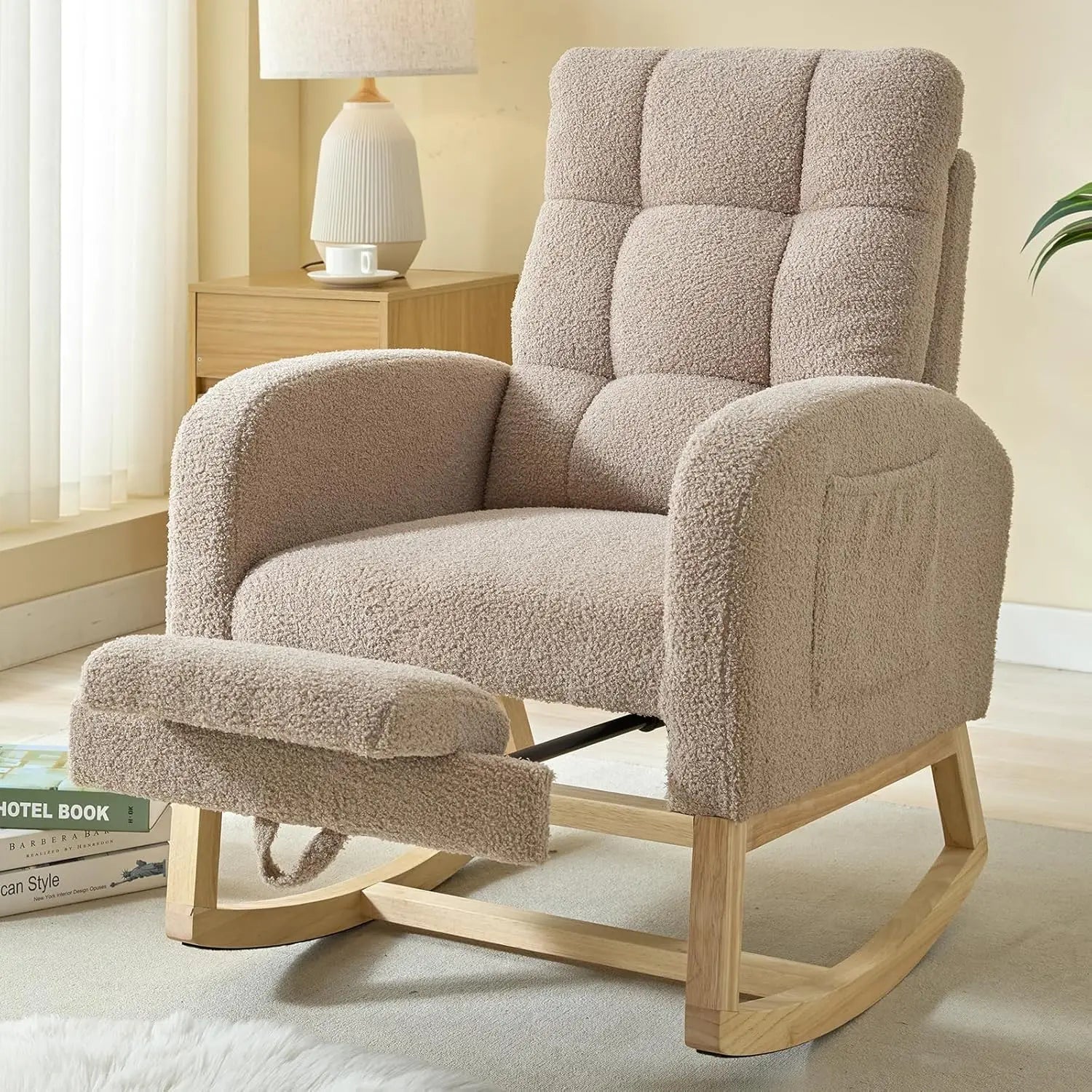 Modern Nursery Rocking Chair, Teddy Upholstered Rocking Chair with Footrest, Comfortable Rocker Recliner