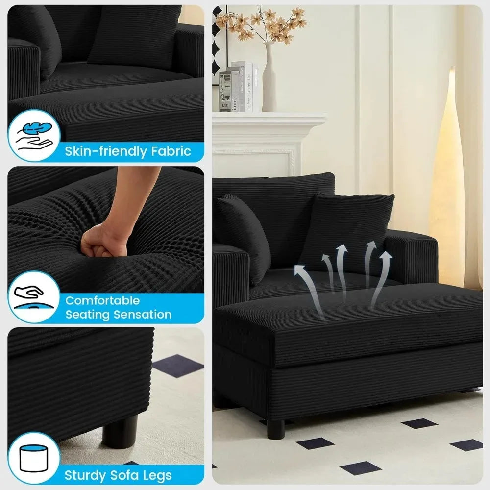 Oversized Chaise Lounge Indoor, 50" W Large Corduroy Lounges Chair with Ottoman & Pillows