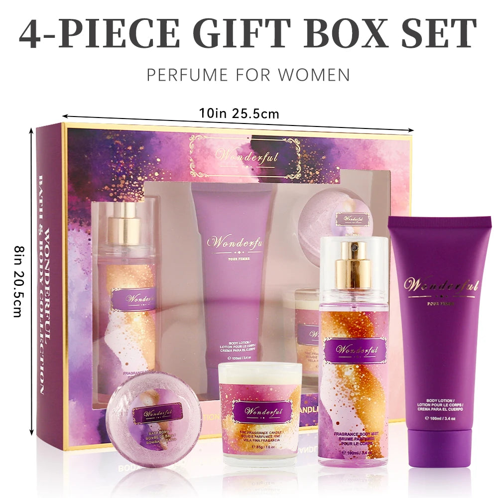 Women's Fragrance Sets 3.4fl.oz Body Mist, 3.4fl.oz Body Lotion, 3oz Candle and 2oz Bath Bomb 4 Pcs
