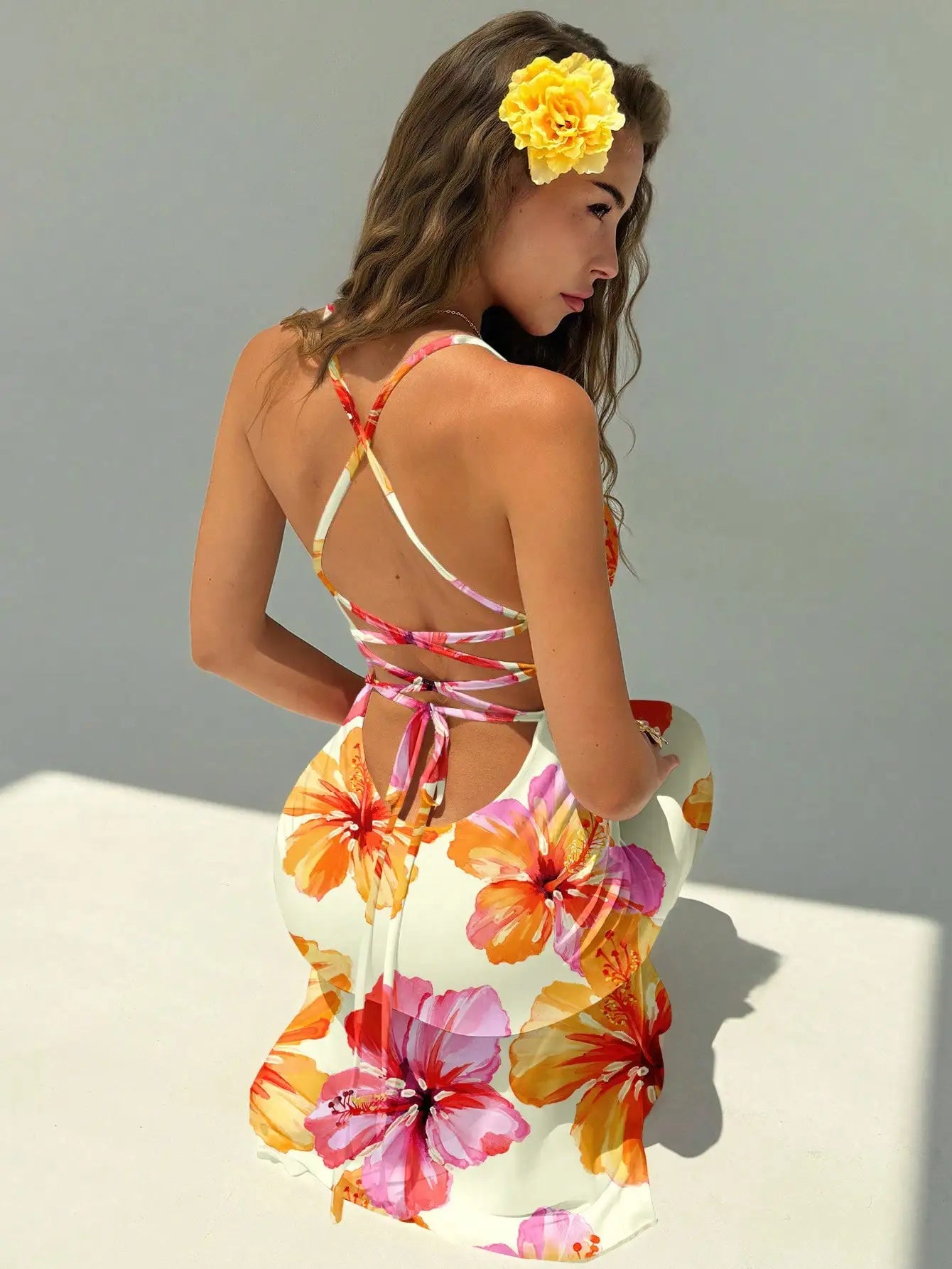Womens Backless Strappy Maxi Dress With Floral Ombre Tie-Dye Print For Summer Beach Festival
