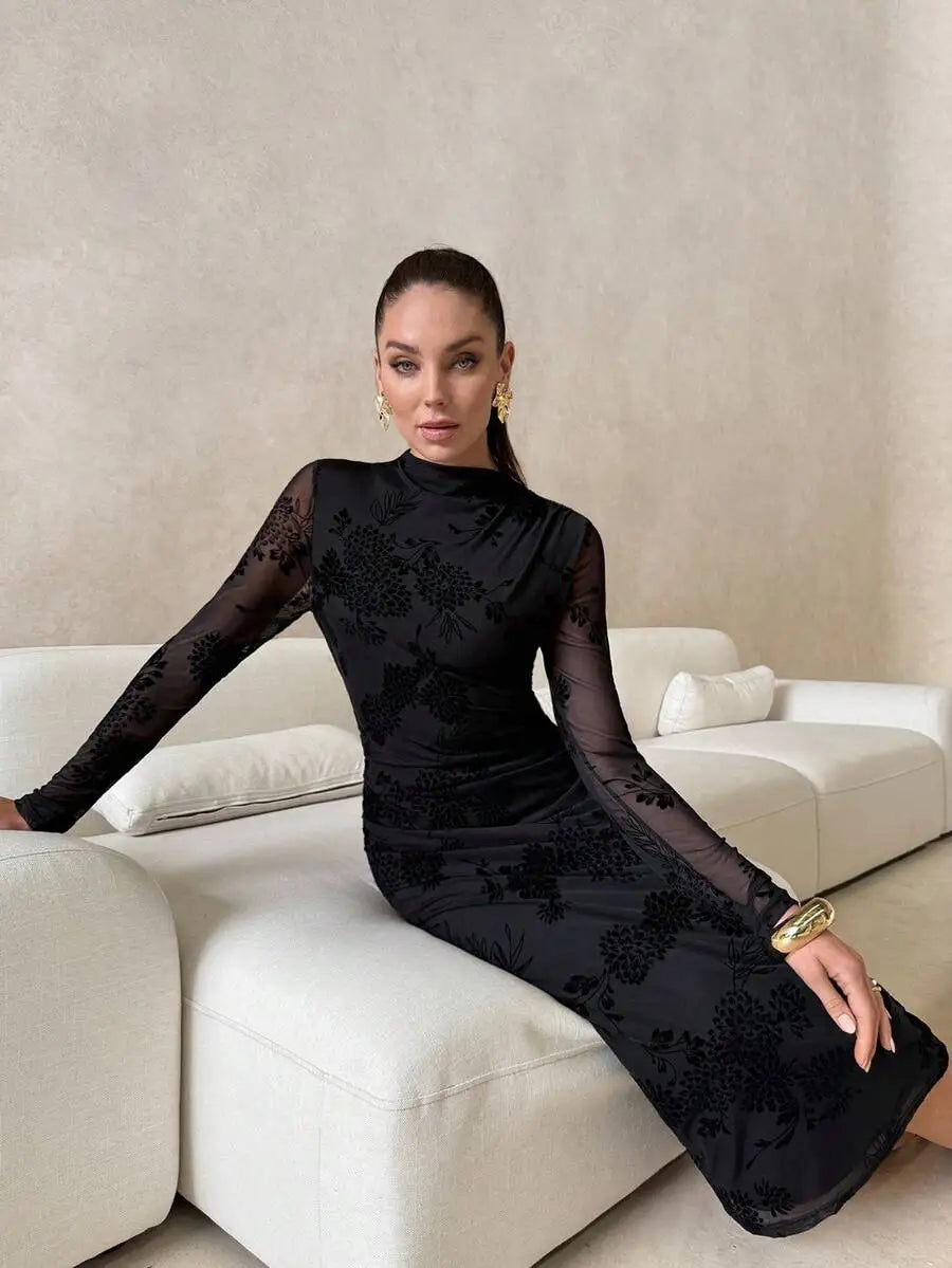 Women's Asymmetrical Ruched Mesh Knit Midi Dress with Gradient Print