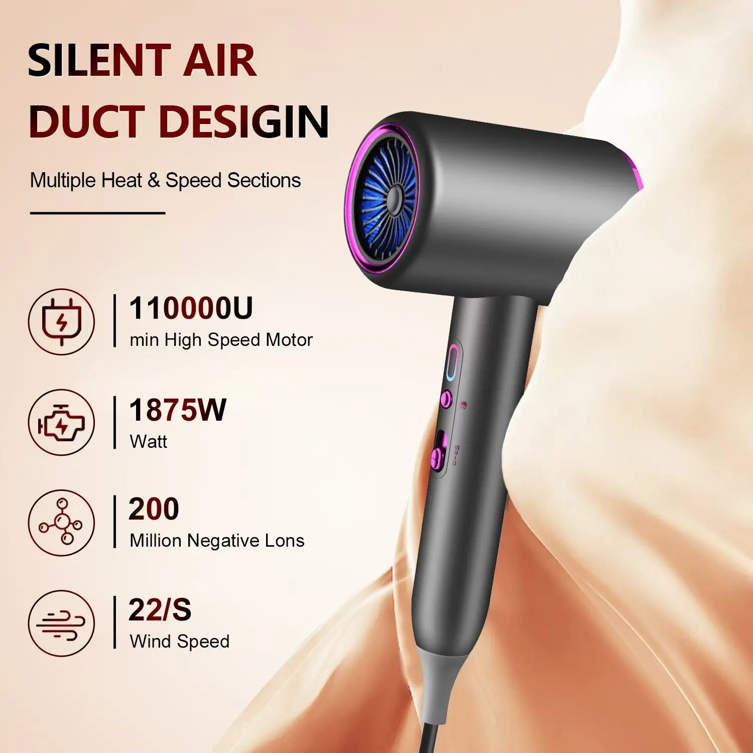 Professional Hair Dryer with Diffuser, 1875W Blow Dryer Ionic Hair Dryer