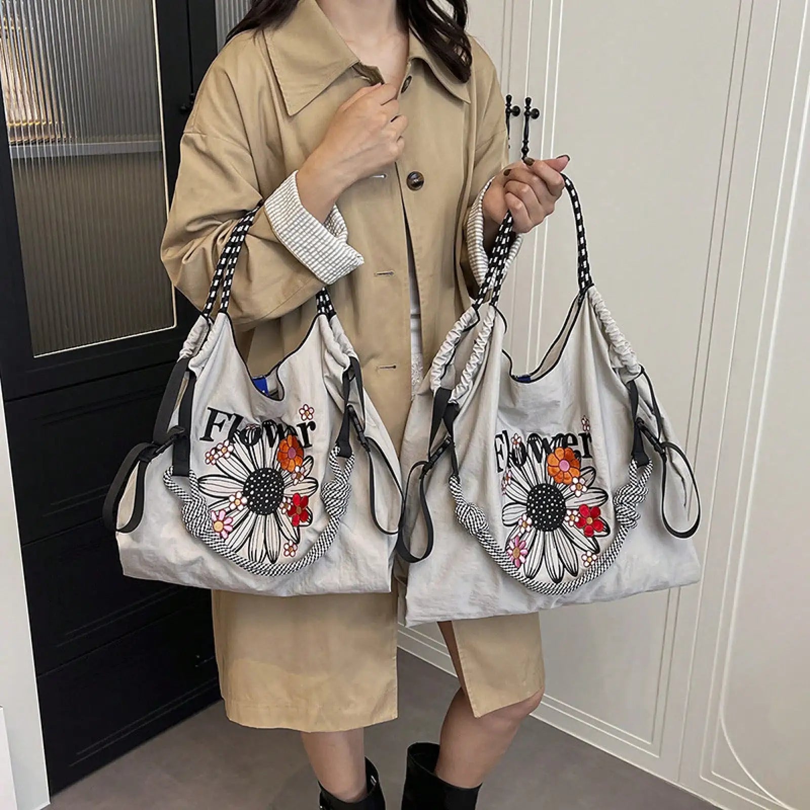 l Embroidery Canvas Shoulder Bag Women Large Capacity Tote Bag Crossbody Handbag Shopping Bag Vintage