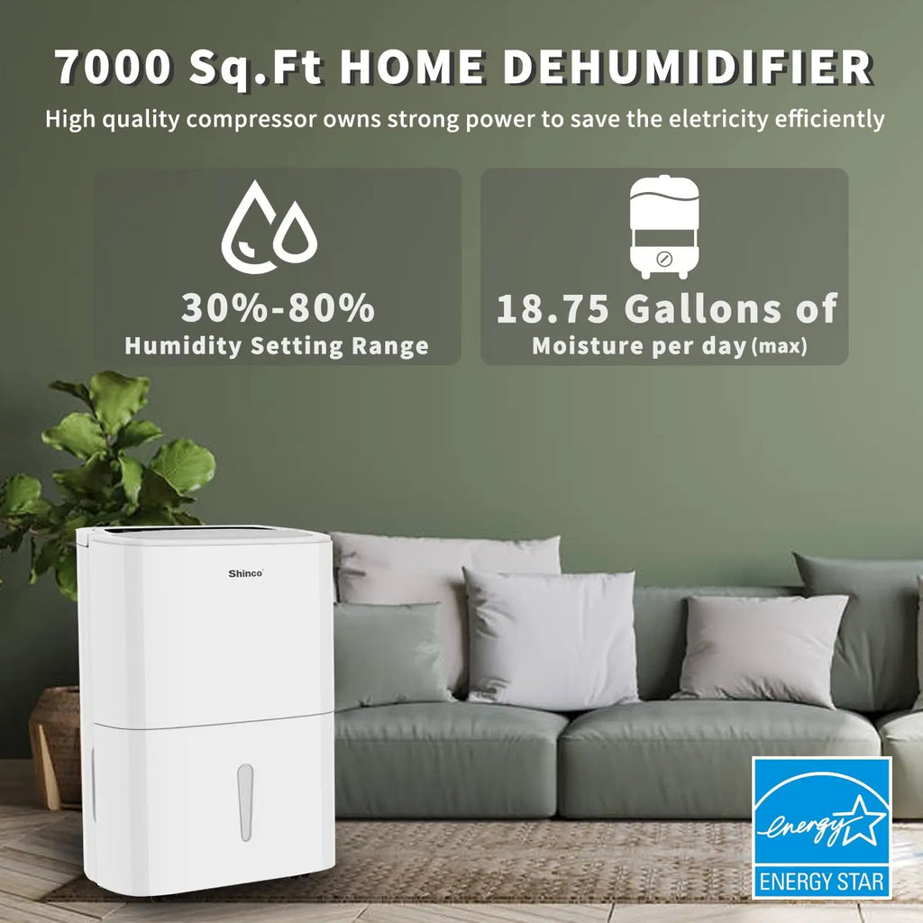 Energy Star Dehumidifier with WIFI for Large Spaces up to 7,000 Sq.Ft Built-in Pump, 1.85 Gallon Water Tank