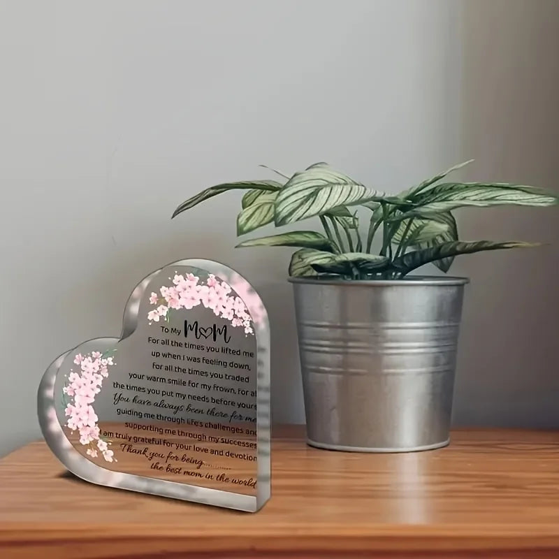 Heart-Shaped Acrylic Mom Appreciation Plaque With Floral Design Elegant Script Text Sentimental Thank You Gift For Mother