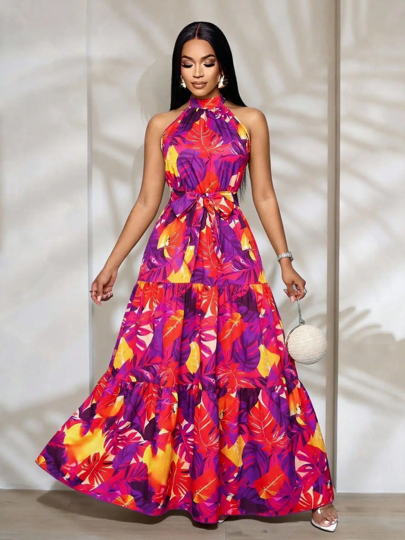 Women's Halter Neck Floral Print Tiered Maxi Dress With Belt Flowy Vacation Dress