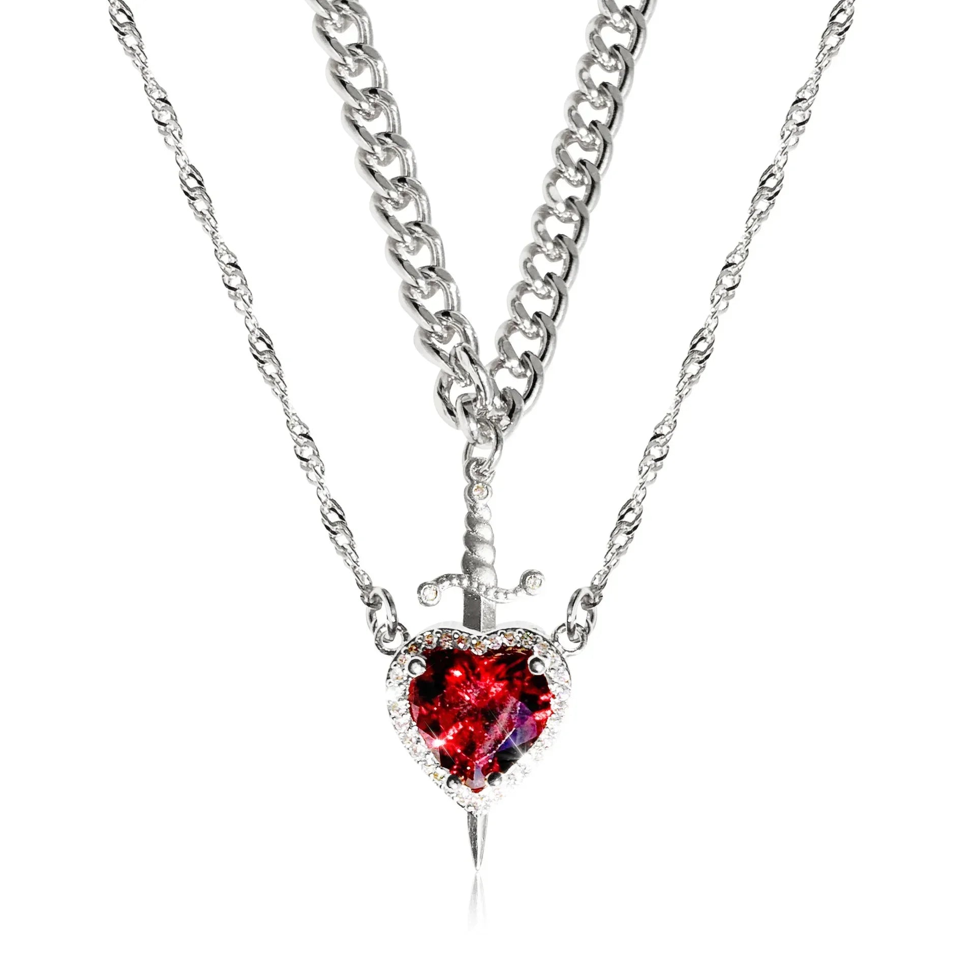 Heart and Sword Zircon Pendant Necklace for Women Men Couple Silver Gold Plated Choker Chain Jewelry