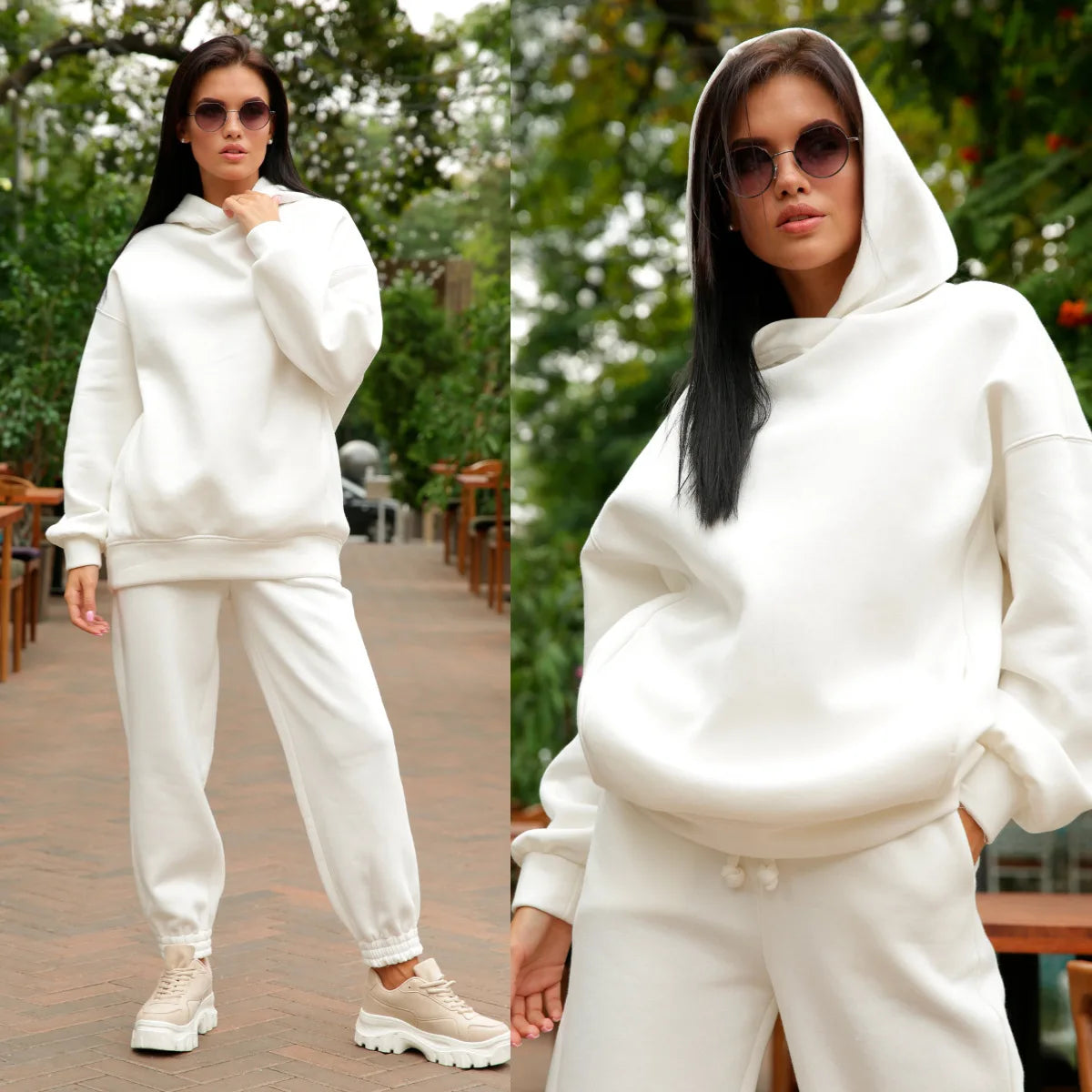 Women Fleece Two Piece Sets Elegant Solid Color Oversized Warm Hoodies and Long Pant
