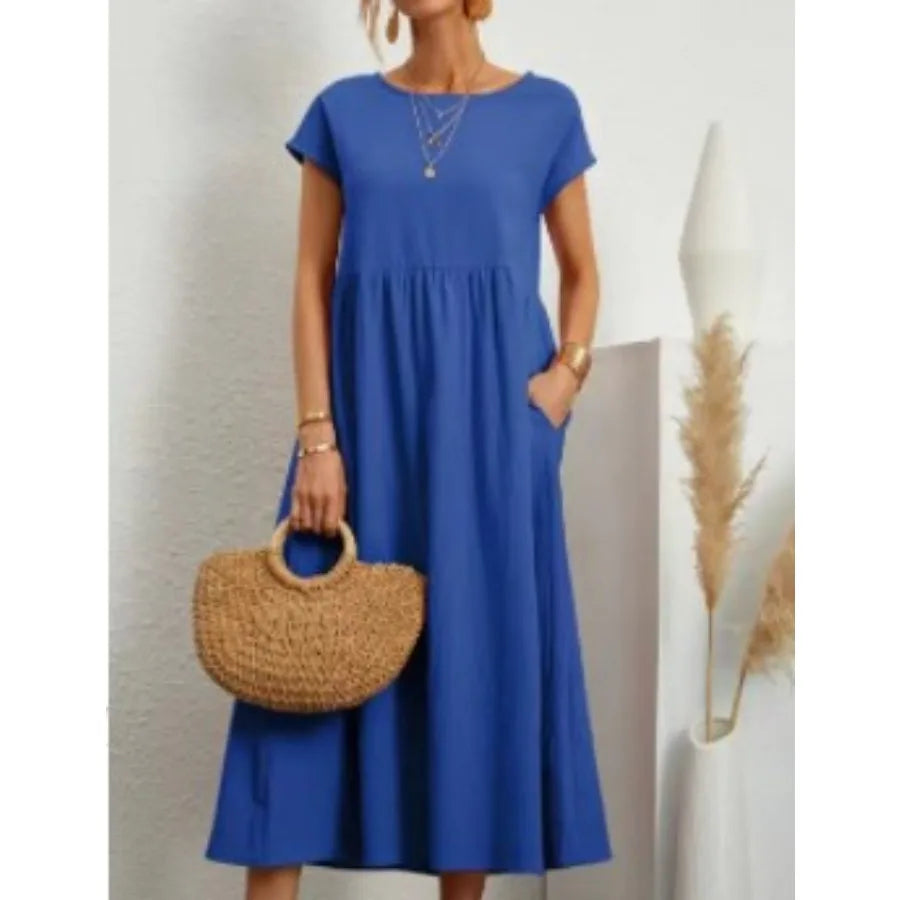 solid color sleeveless loose linen pocket women's dress in stock