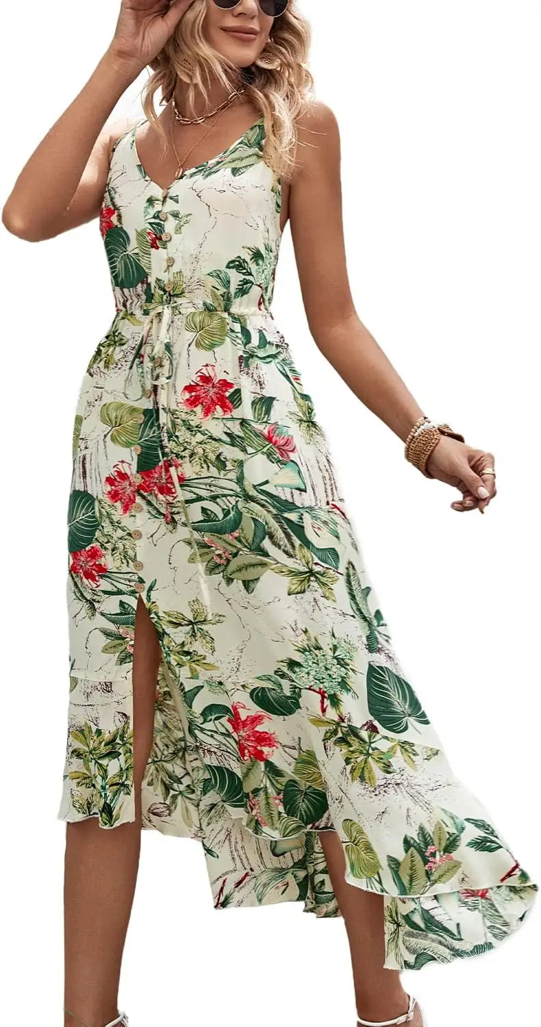 Boho SundrPolka Dot Spaghetti Strap V Neck Flowy Midi Dresses
