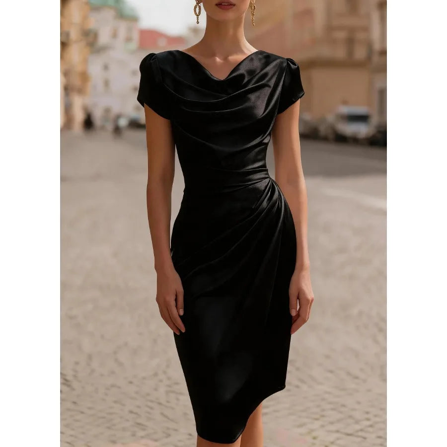 swing-collar design pleated dress, feminine temperament slim-fitting hip dress