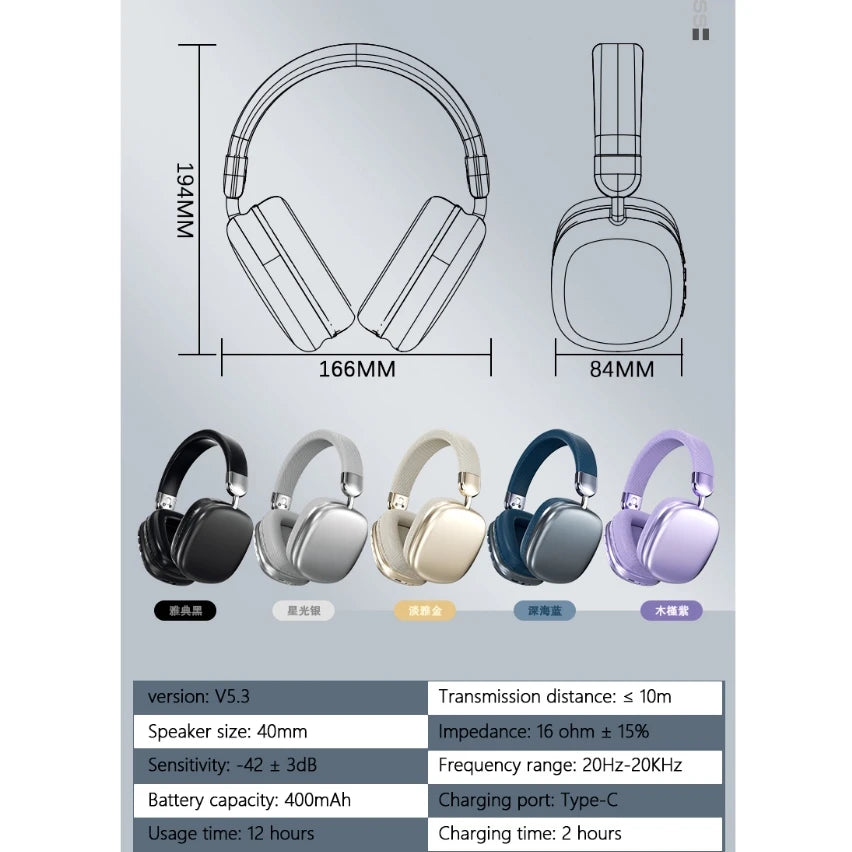 Wireless Bluetooth Headphones Over Ear Noise Cancelling Headset HiFi Stereo Deep Bass Foldable Wireless Earphones