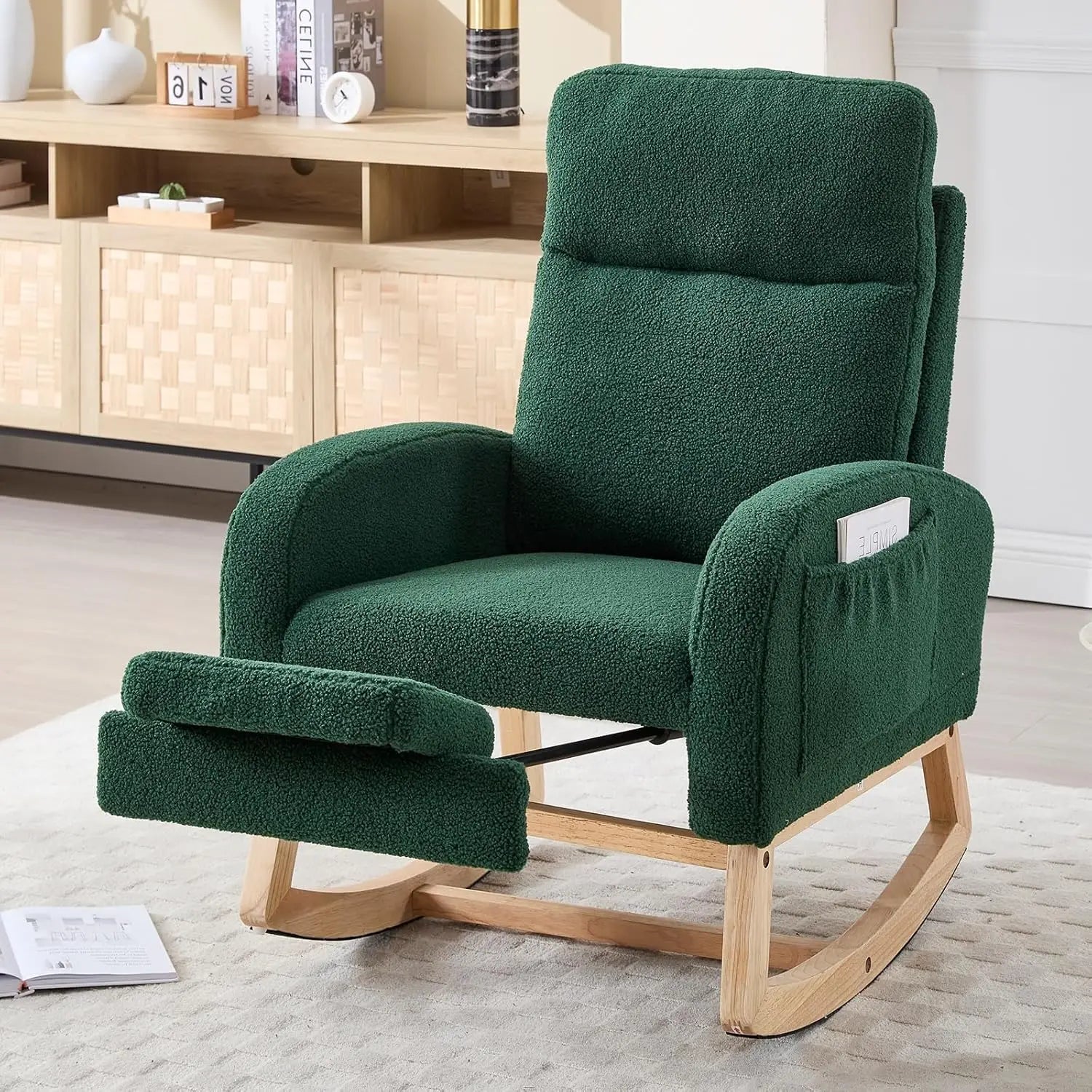 Modern Nursery Rocking Chair, Teddy Upholstered Rocking Chair with Footrest, Comfortable Rocker Recliner