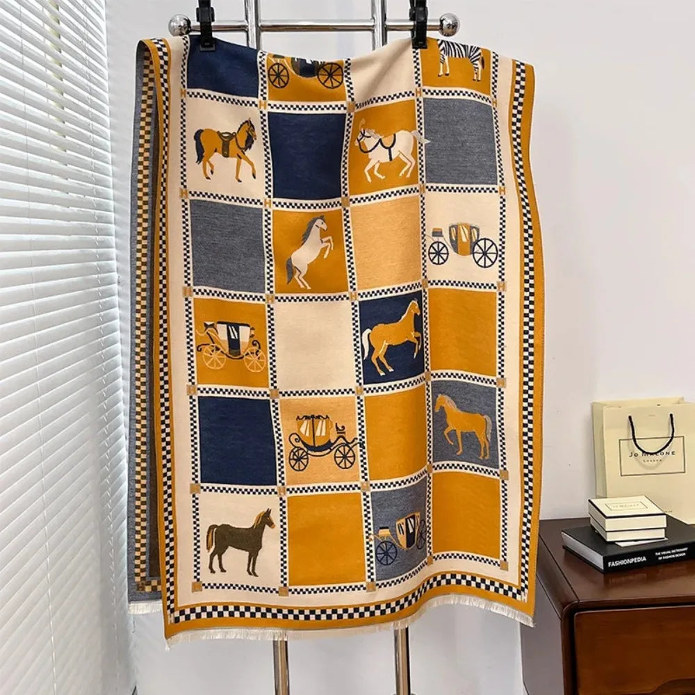 Poncho Cashmere Winter Women Scarf Horse Print Shawl Wrap