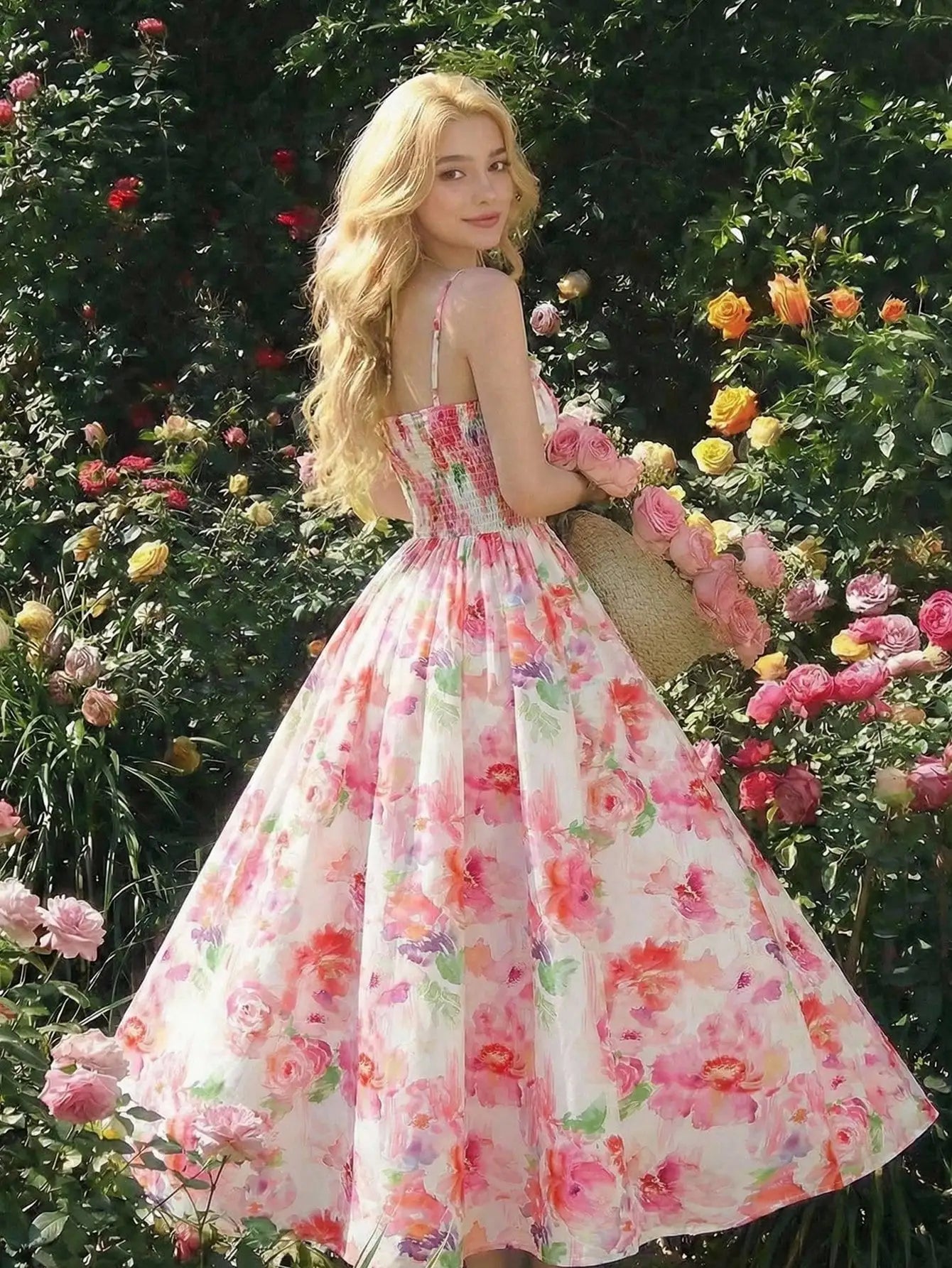 Elegant Floral Print Pleated Midi Slip Dress For Women Spring Summer
