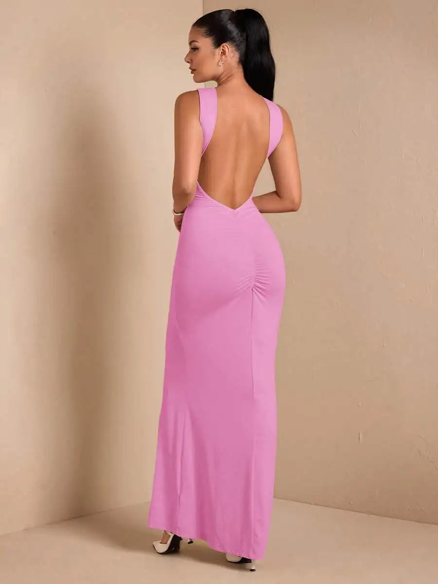 Cream Backless Sleeveless Maxi Dress with Ruched Detail for Evening Events