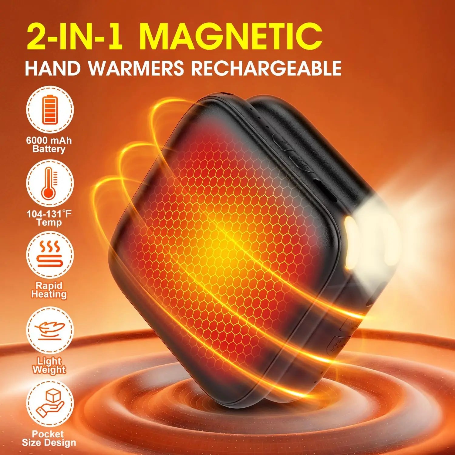 Rechargeable Hand Warmers 2 Pack - 6000mAh Fast Heating with LED Light, Portable Pocket Heater for Outdoor Activities