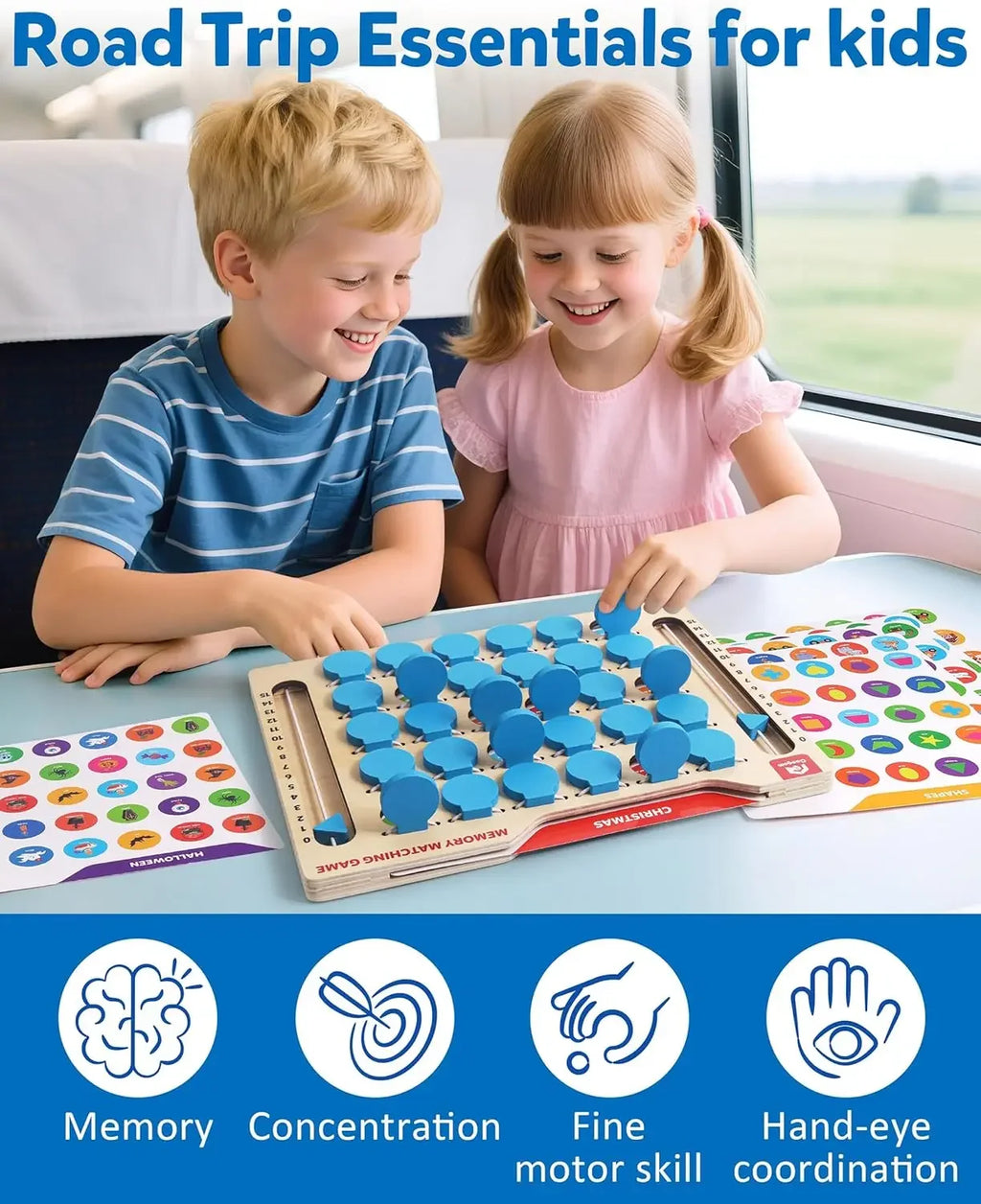 Memory Matching Game, Wooden Travel Board Game with Cards, Montessori Educational Toy for Toddlers Ages 3-5
