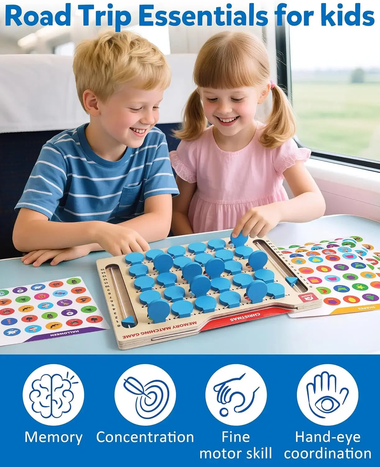 Memory Matching Game, Wooden Travel Board Game with Cards, Montessori Educational Toy for Toddlers Ages 3-5
