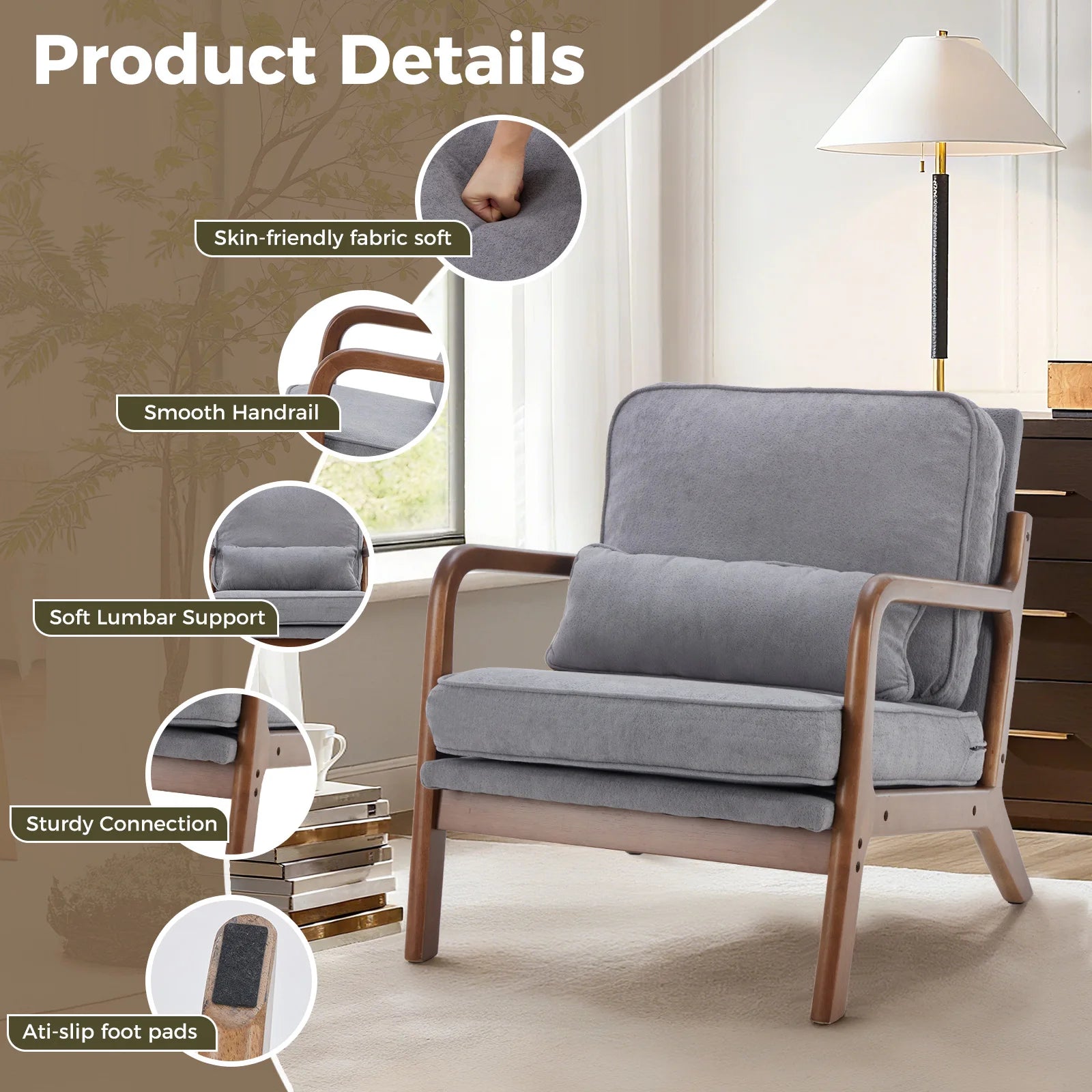 JHK Mid Century Modern Chair Solid Wooden Frame Accent Chair with Arms and Waist Cushion Reading Chairs