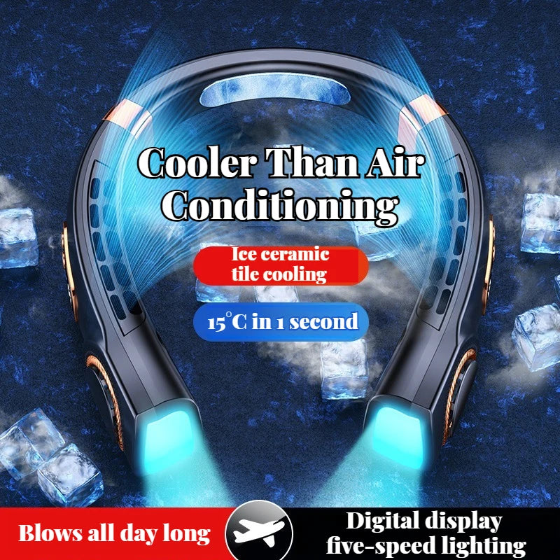 Portable Ice-Cooling Fan with LED Light, Silent Bladeless Halterneck Design