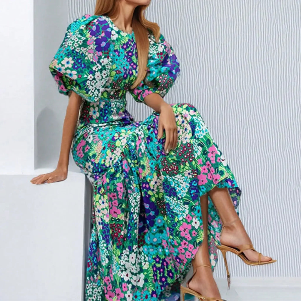 Women Dress European American Style High Waist Slim Fit Printed Pleated Long Skirt Fashionable Casual Evening
